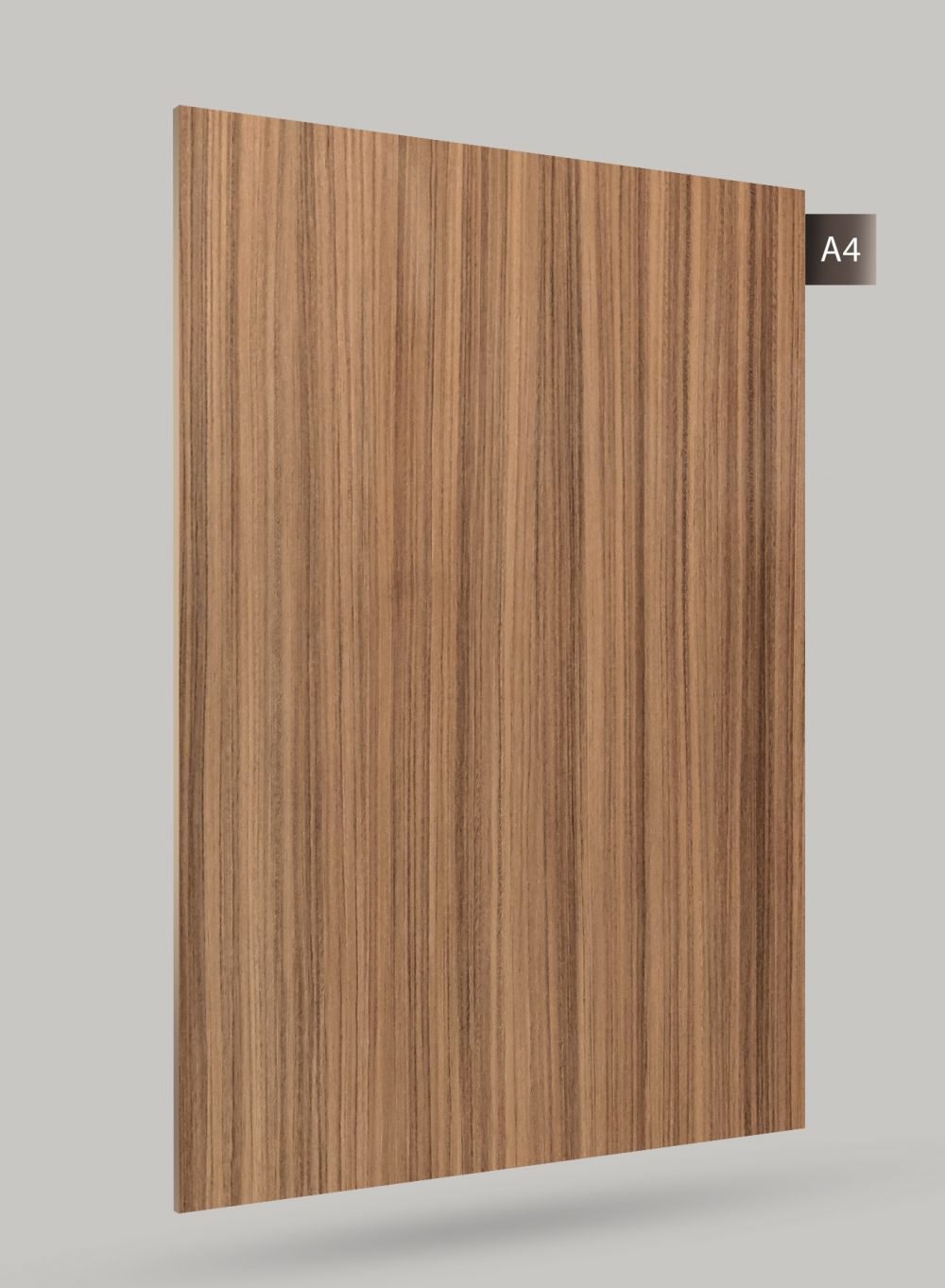 Brown wood grain decorative laminate with high gloss finish and vertical striped pattern on a light gray background