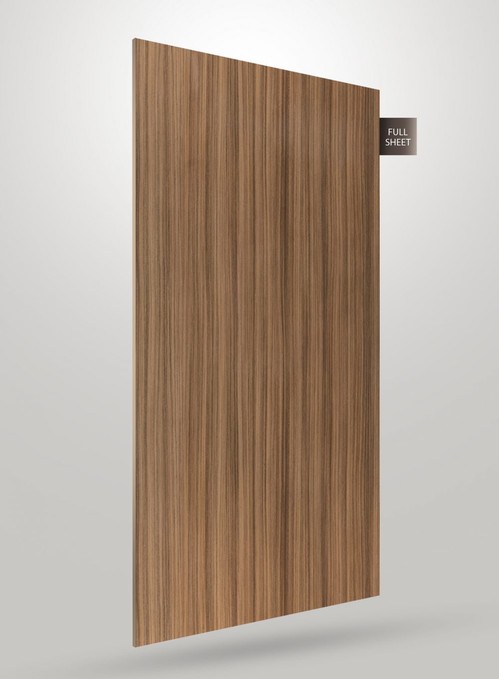 Brown wood grain decorative laminate with glossy finish and vertical wood pattern on full sheet.
