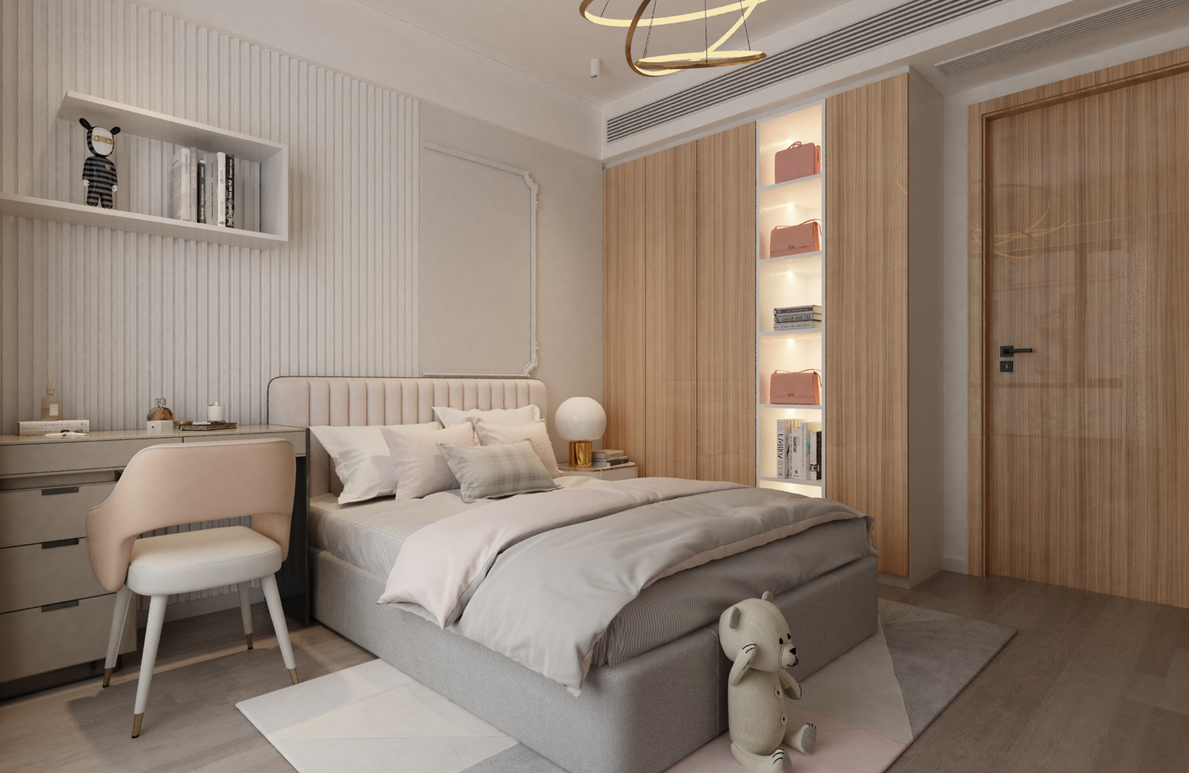 Brown wood grain laminate in modern bedroom setting with high gloss finish and visible wood texture on wall and door.