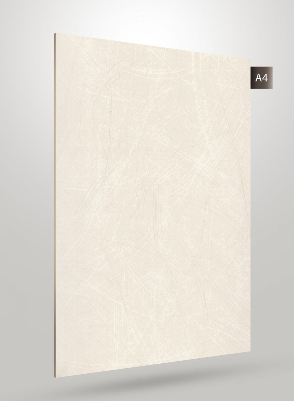 Beige marble laminate with matte finish and scratched texture pattern on a square sheet.
