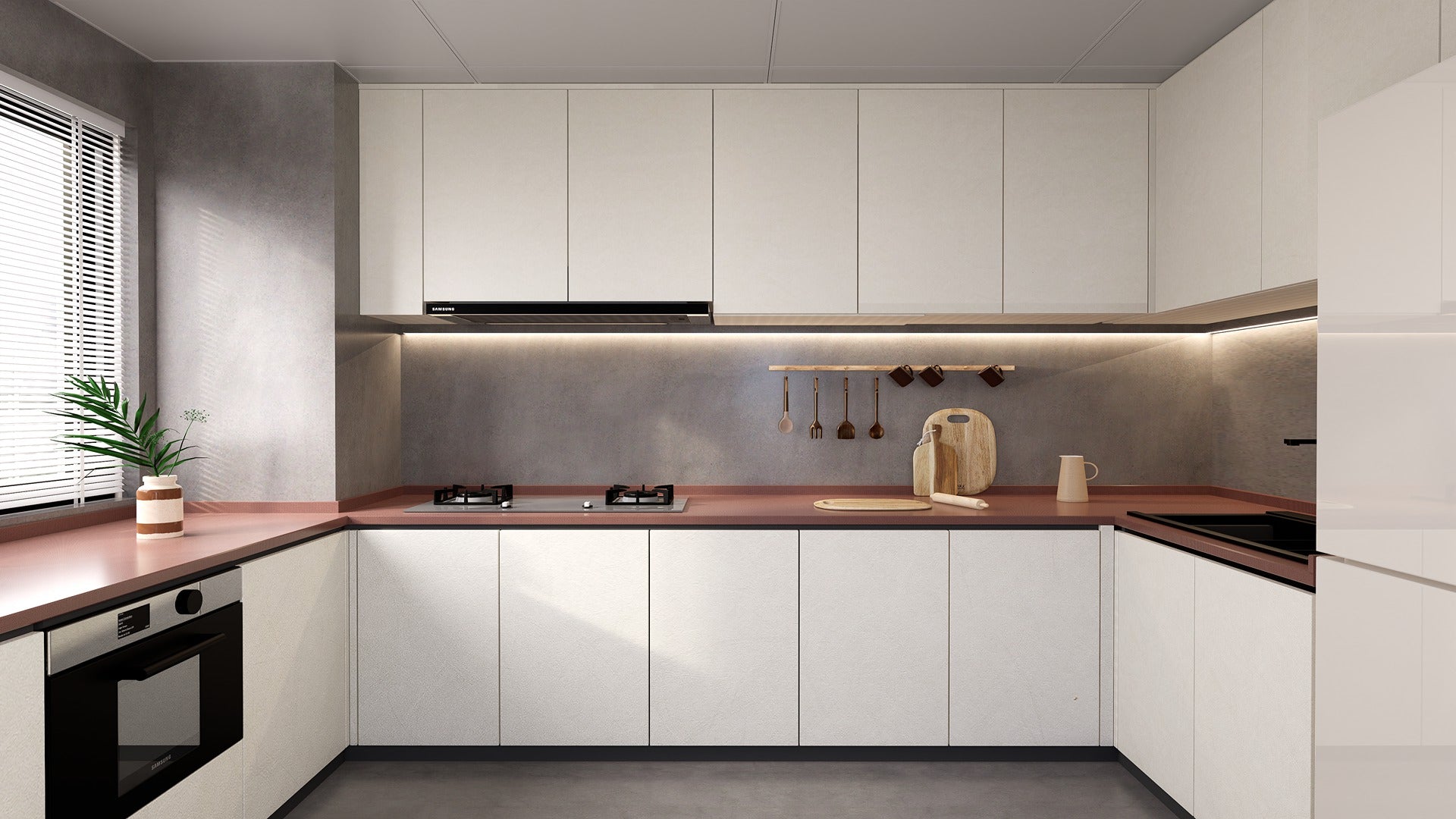 Beige matte laminate kitchen cabinets and countertop backsplash with subtle texture and soft sheen in modern kitchen setting