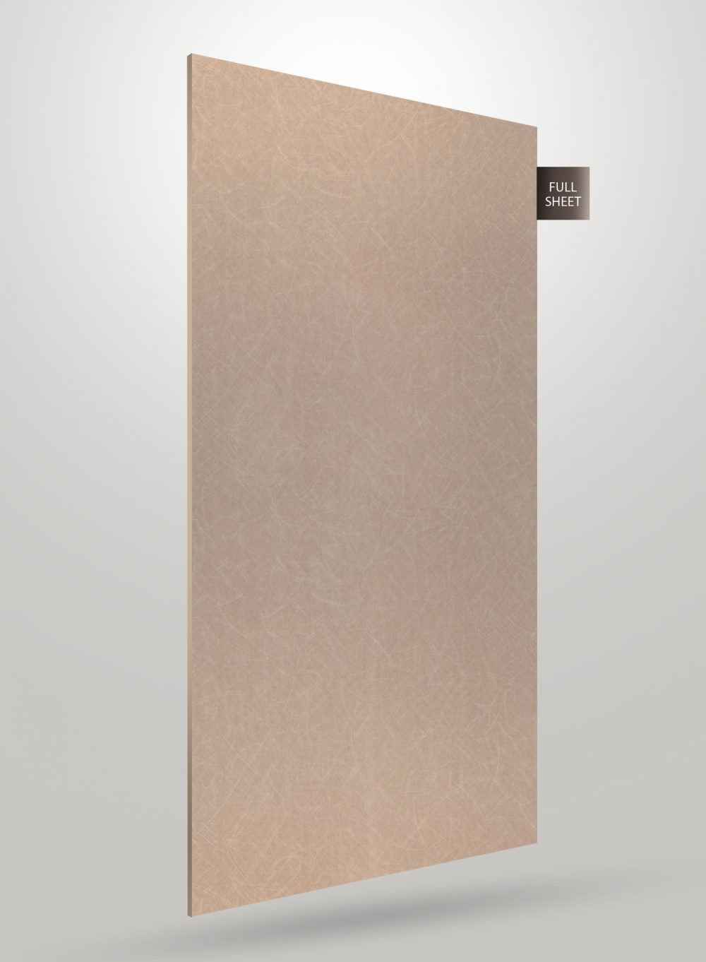 Beige matte marble laminate sheet with subtle texture and scratches visible on its surface and edge.