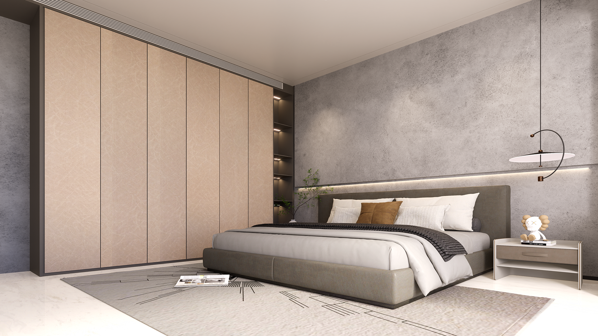 Beige marble laminate wall panels with matte finish in modern bedroom setting with gray bed and minimalist decor.