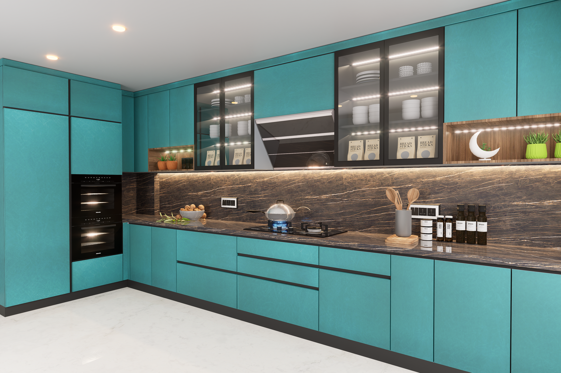 Green matte laminate kitchen cabinets with sleek black handles and marble countertop and backsplash in modern interior