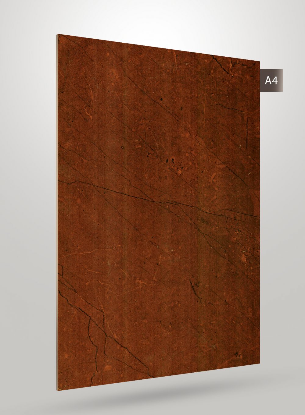 Red marble laminate with matte finish and black veining pattern on a decorative sheet.