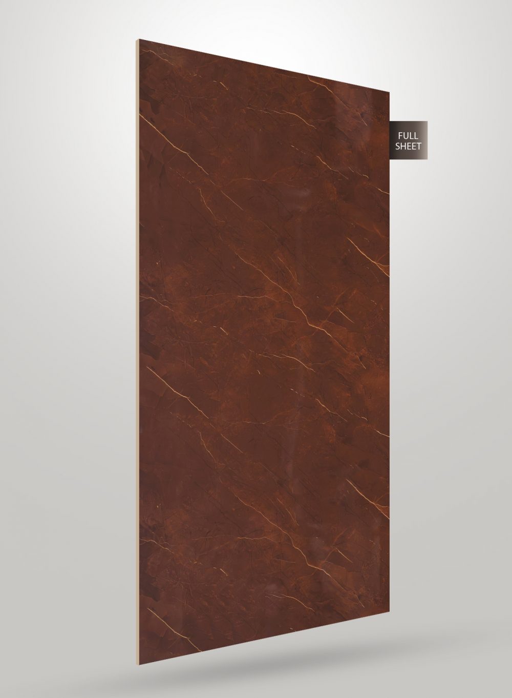 Red marble laminate sheet with gold veins and matte finish displayed on a gray background with full sheet label.