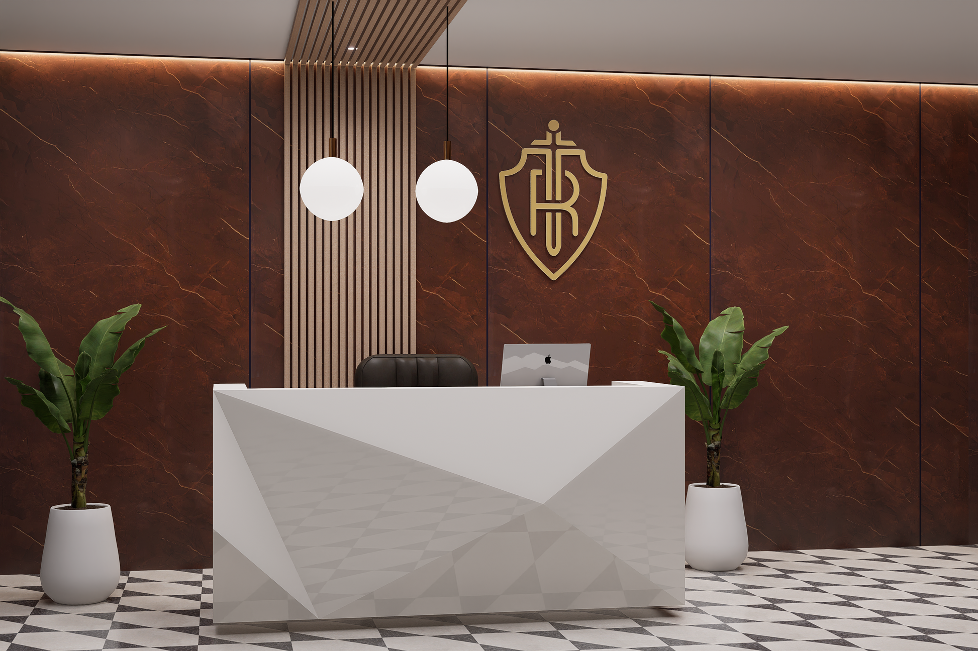 Red marble laminate wall with gold veining in a modern office reception area with white furniture and green plants