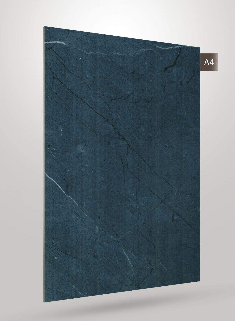 Blue marble laminate with dark veining and matte finish, showing texture and pattern details on a decorative sheet.