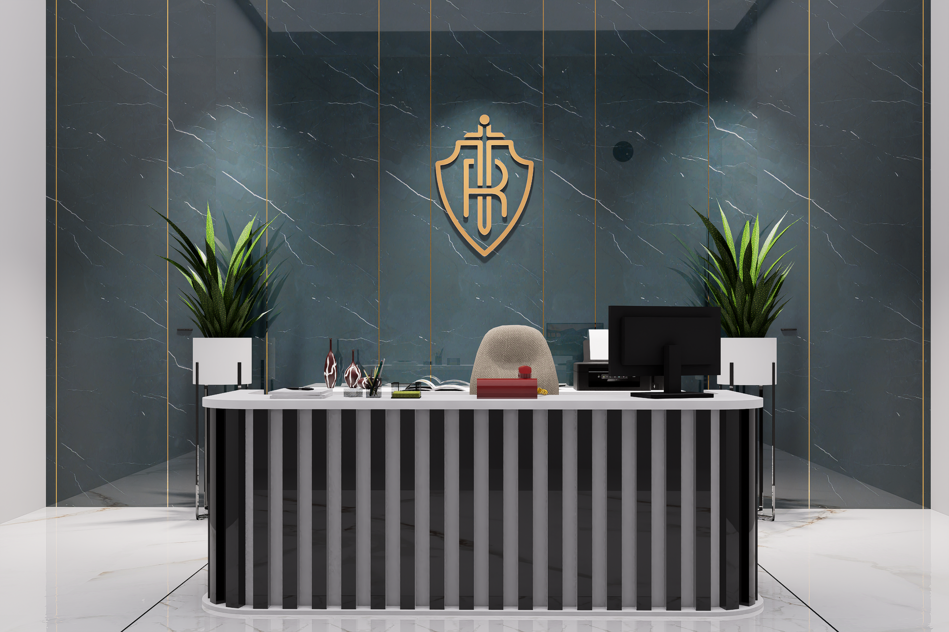 Blue marble laminate wall with white veining in modern office setting with reception desk and plants