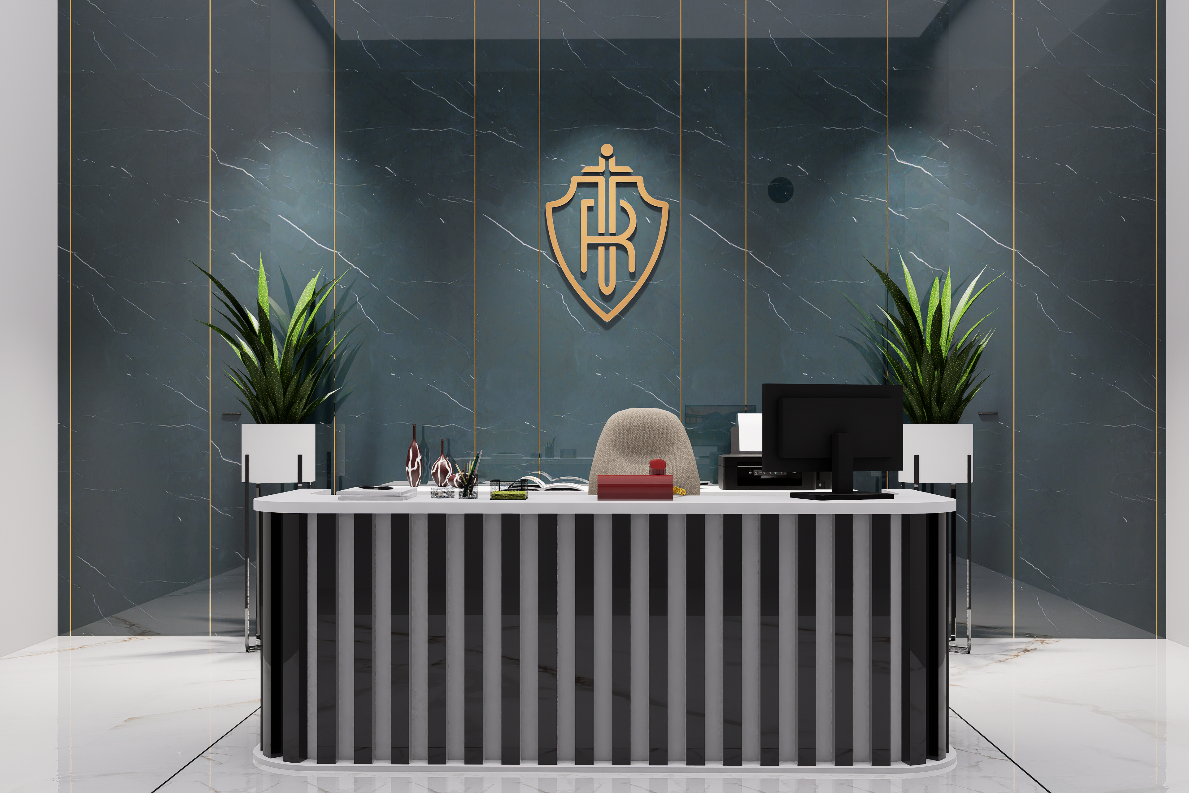 Blue marble laminate wall with white veining in modern office setting with reception desk and plants