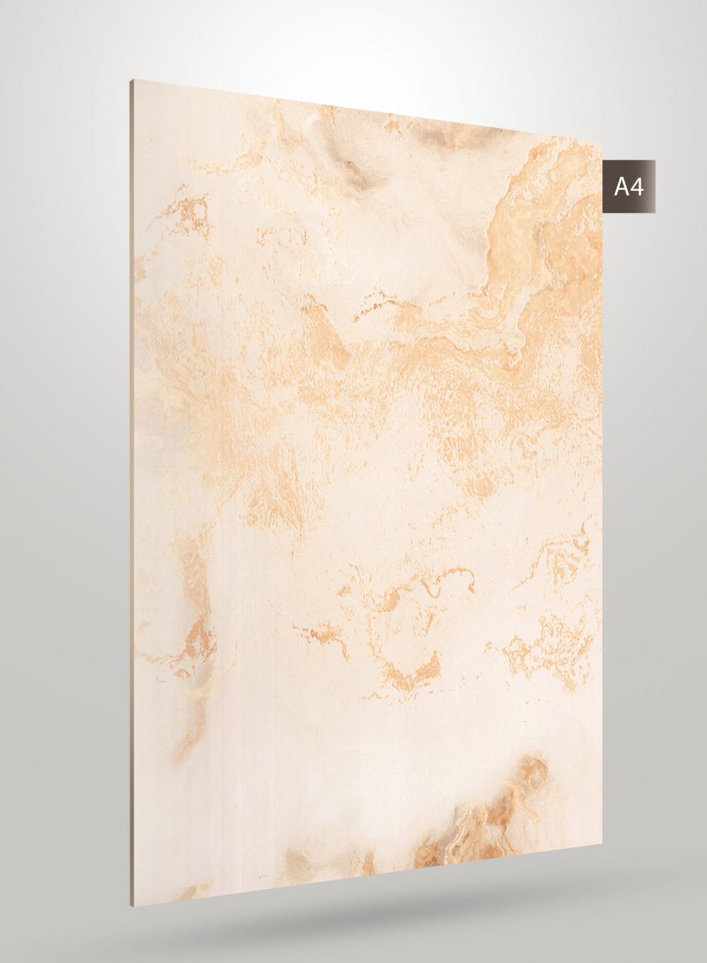 Cream marble laminate with gold veining and glossy finish, decorative stone pattern visible on the surface.