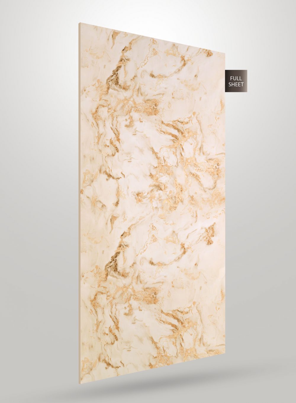 Cream marble laminate sheet with gold veining and glossy finish displayed at an angle with full sheet label.
