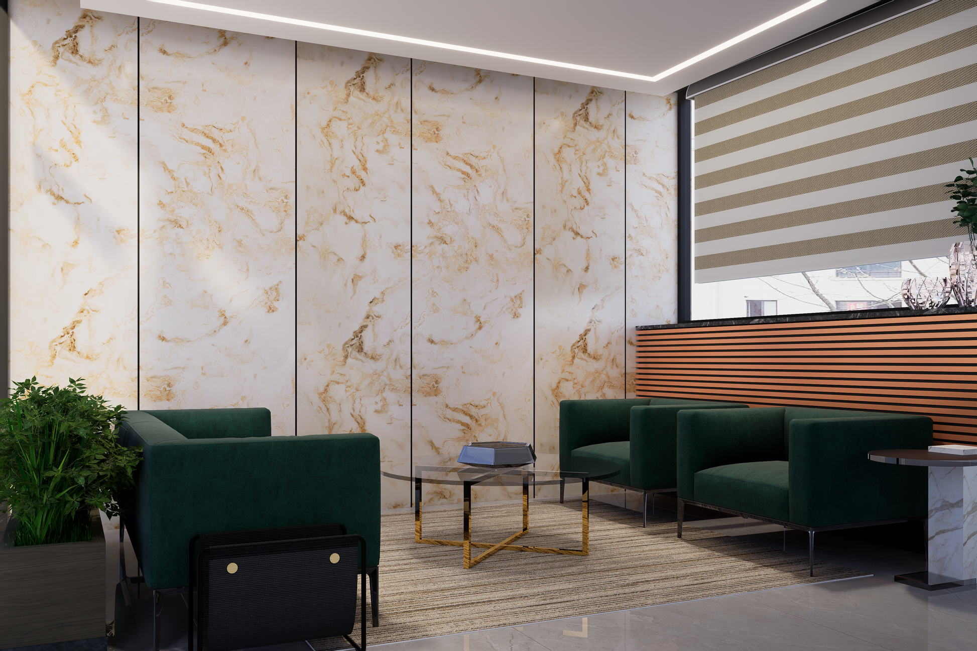 Cream marble laminate wall with gold veining and glossy finish in a modern interior setting with green sofas