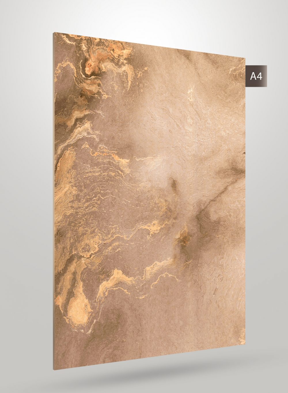 Beige marble laminate with gold veining and high gloss finish, decorative sheet for interior use.