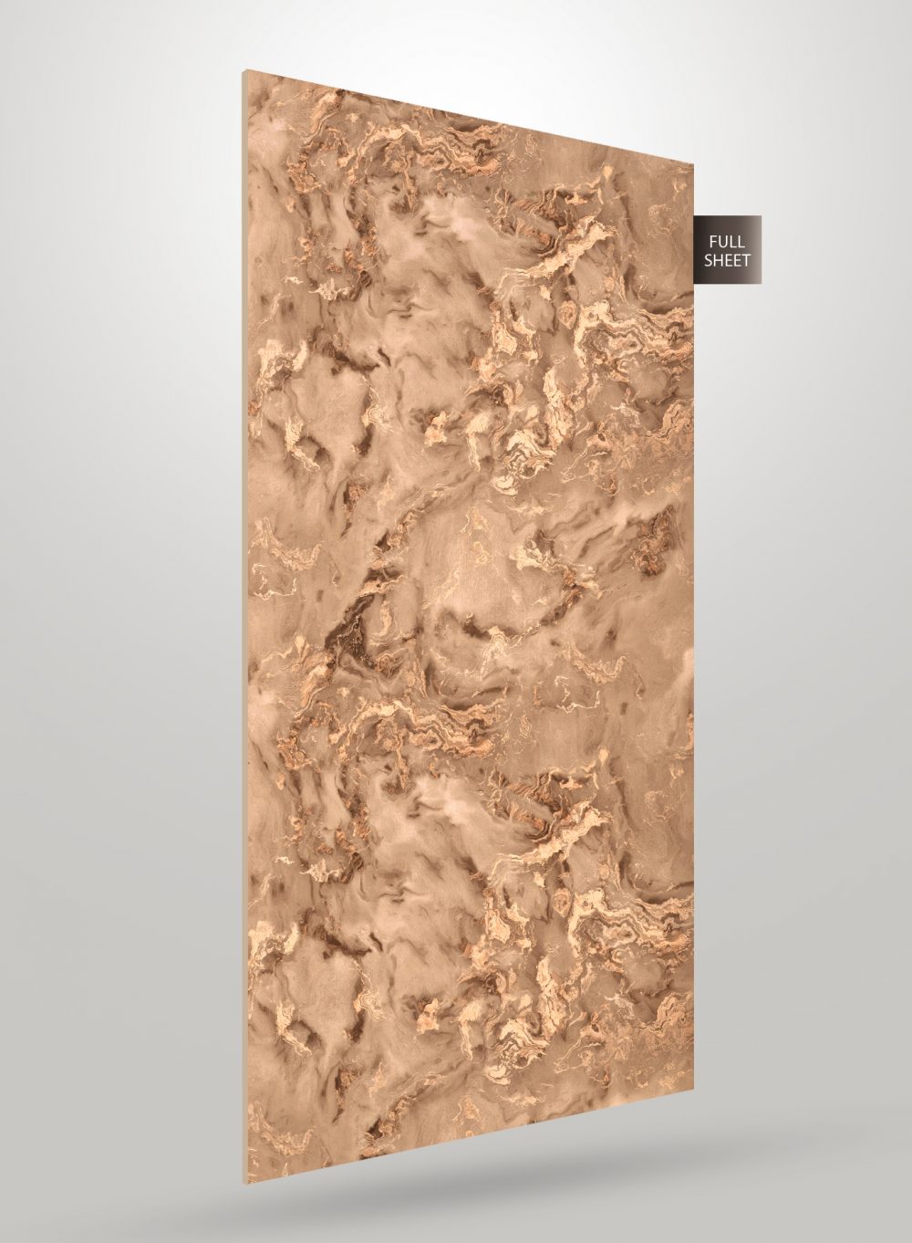 Beige marble laminate sheet with high gloss finish and veined pattern, shown as full sheet with smooth texture.