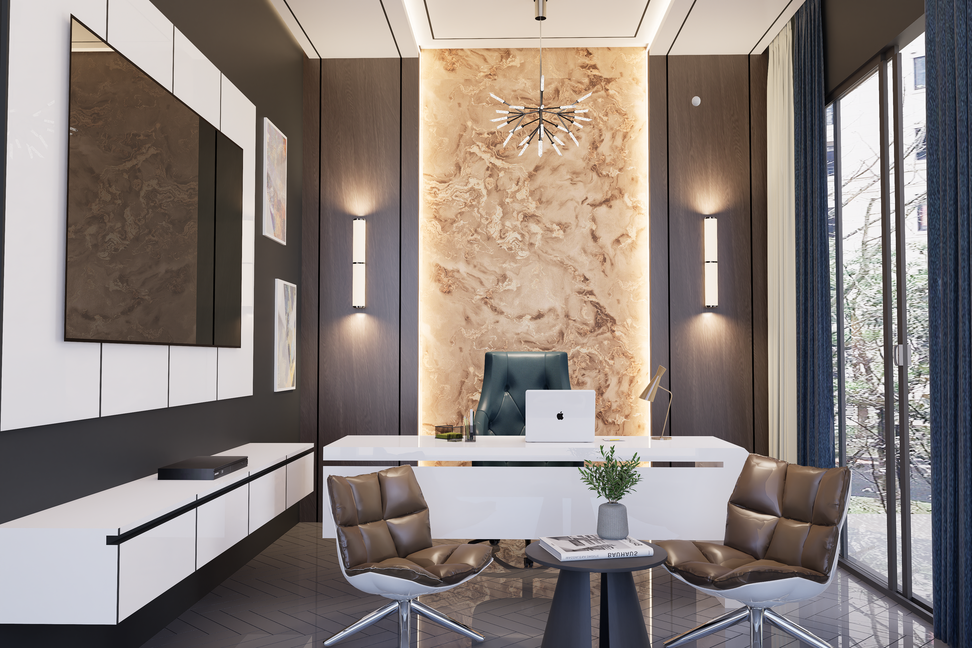 Beige marble laminate wall with glossy finish in modern office setting with sleek furniture and decorative lighting accents.