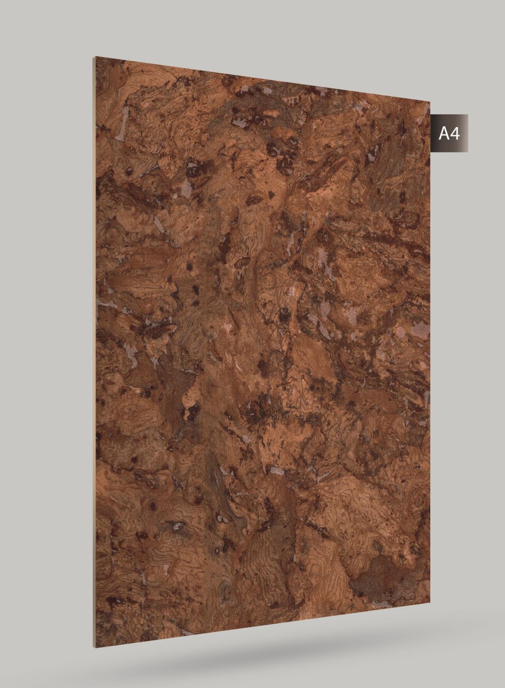 Brown marble laminate with high gloss finish and swirling pattern, showing natural stone texture and veining details.