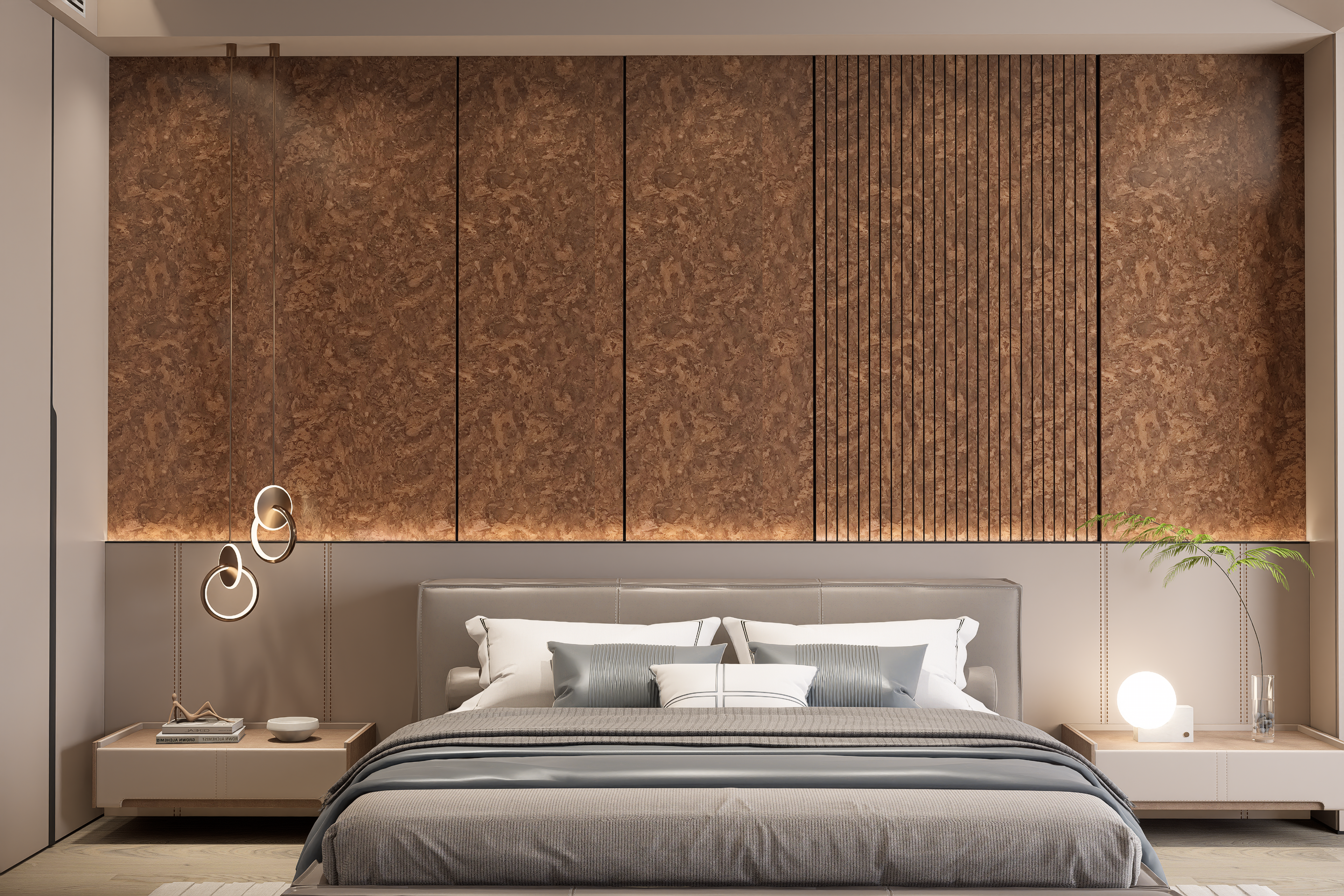 Brown marble laminate wall panels with glossy finish and textured pattern in a modern bedroom setting with bed and decor