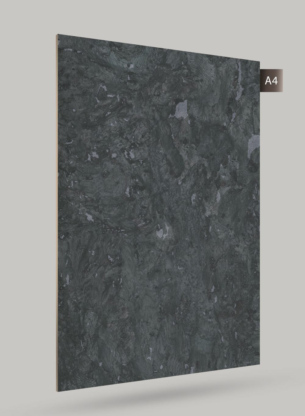 Dark grey marble laminate with high gloss finish and swirling pattern, showing natural stone texture and veining details.
