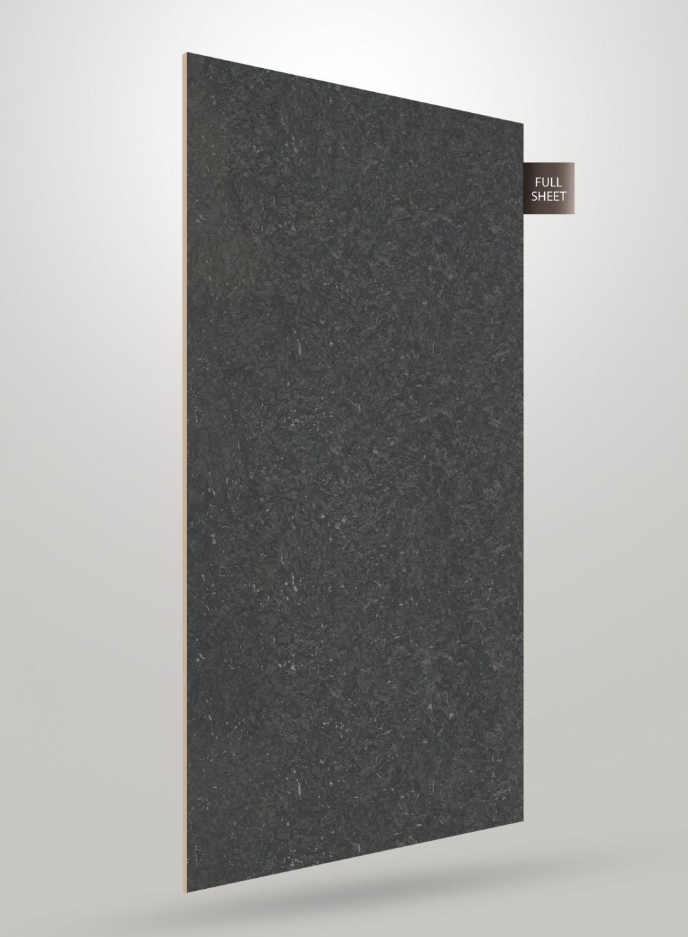 Grey marble laminate sheet with glossy finish and speckled pattern, displayed as full sheet with visible texture and subtle