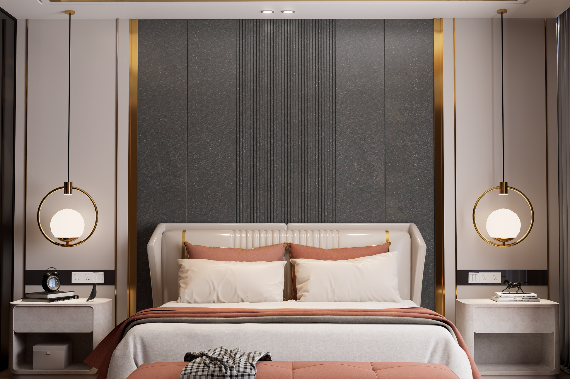 Grey marble laminate wall with high gloss finish and subtle veining in a modern bedroom setting with gold accents