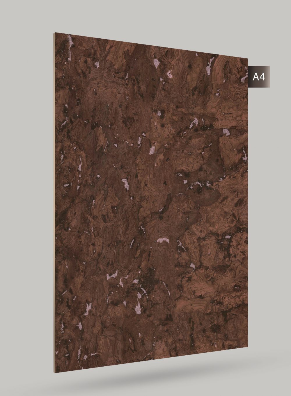 Brown marble laminate with glossy finish and swirling pattern, decorative stone design visible on the surface.