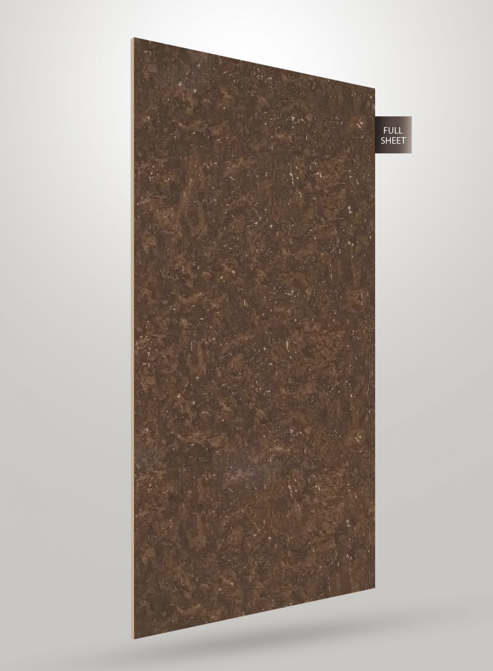 Brown marble laminate sheet with high gloss finish and speckled pattern, labeled full sheet.