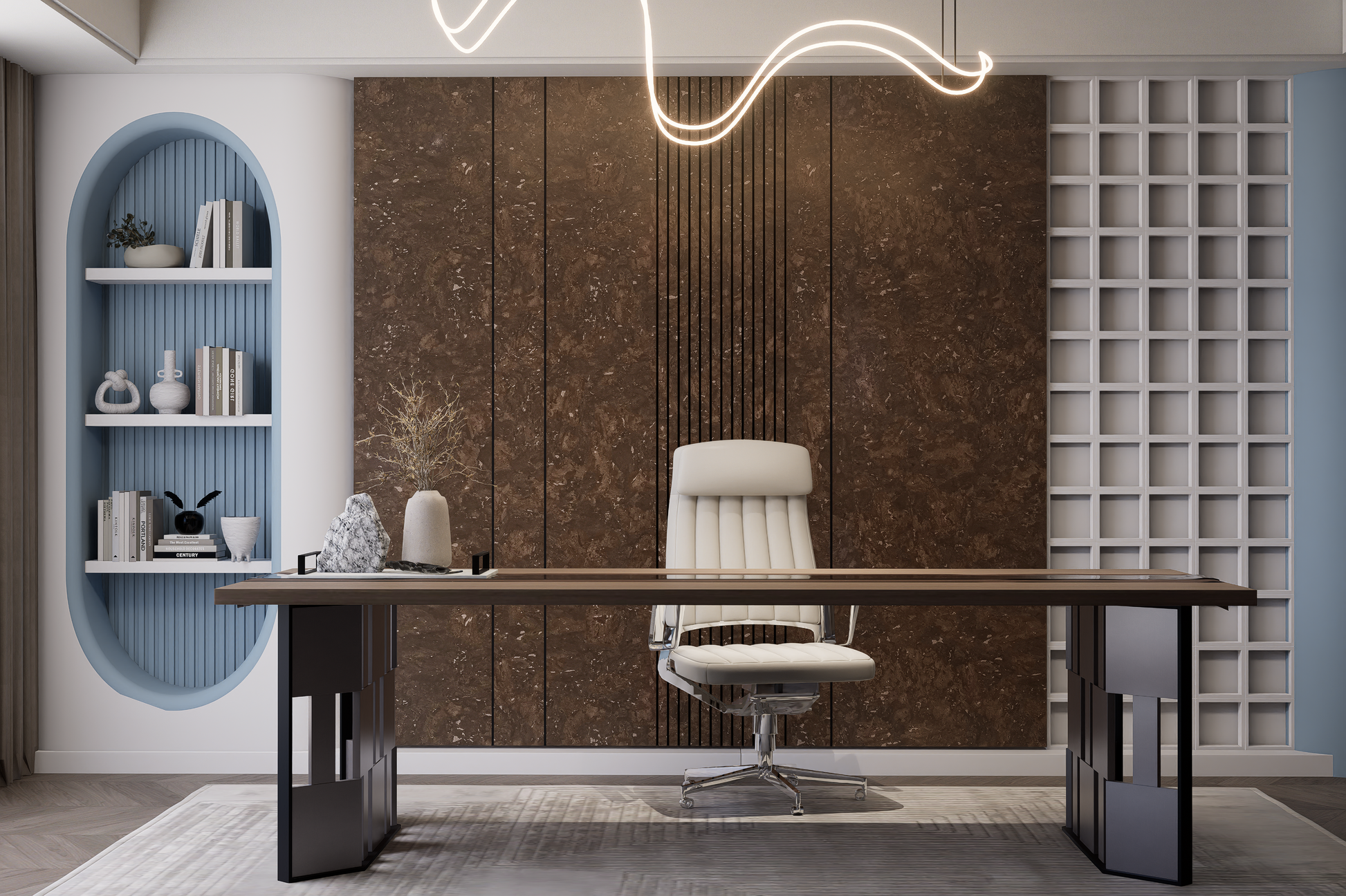 Brown marble laminate wall with high gloss finish and white veining in modern office setting with minimalist decor