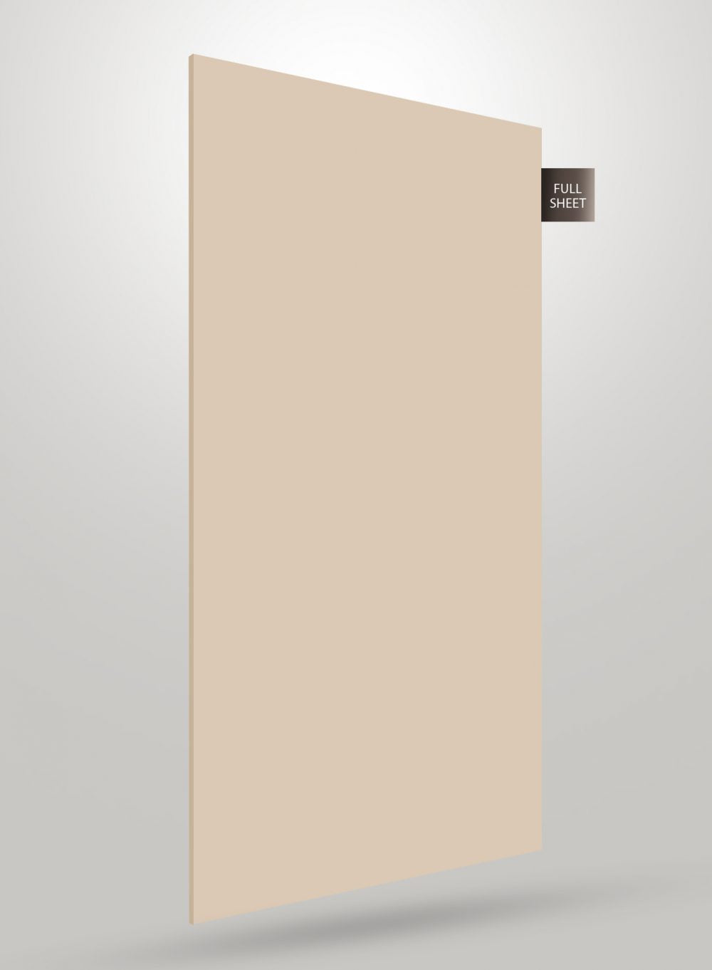Beige solid colour laminate sheet with high gloss finish and smooth texture displayed as full sheet.