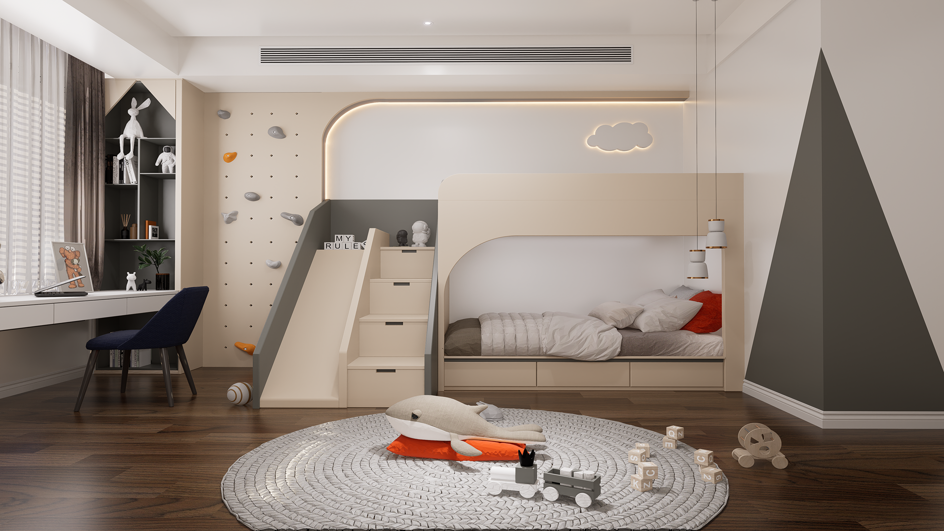 Beige high gloss solid colour laminate used in modern kids bedroom with furniture and decorative elements