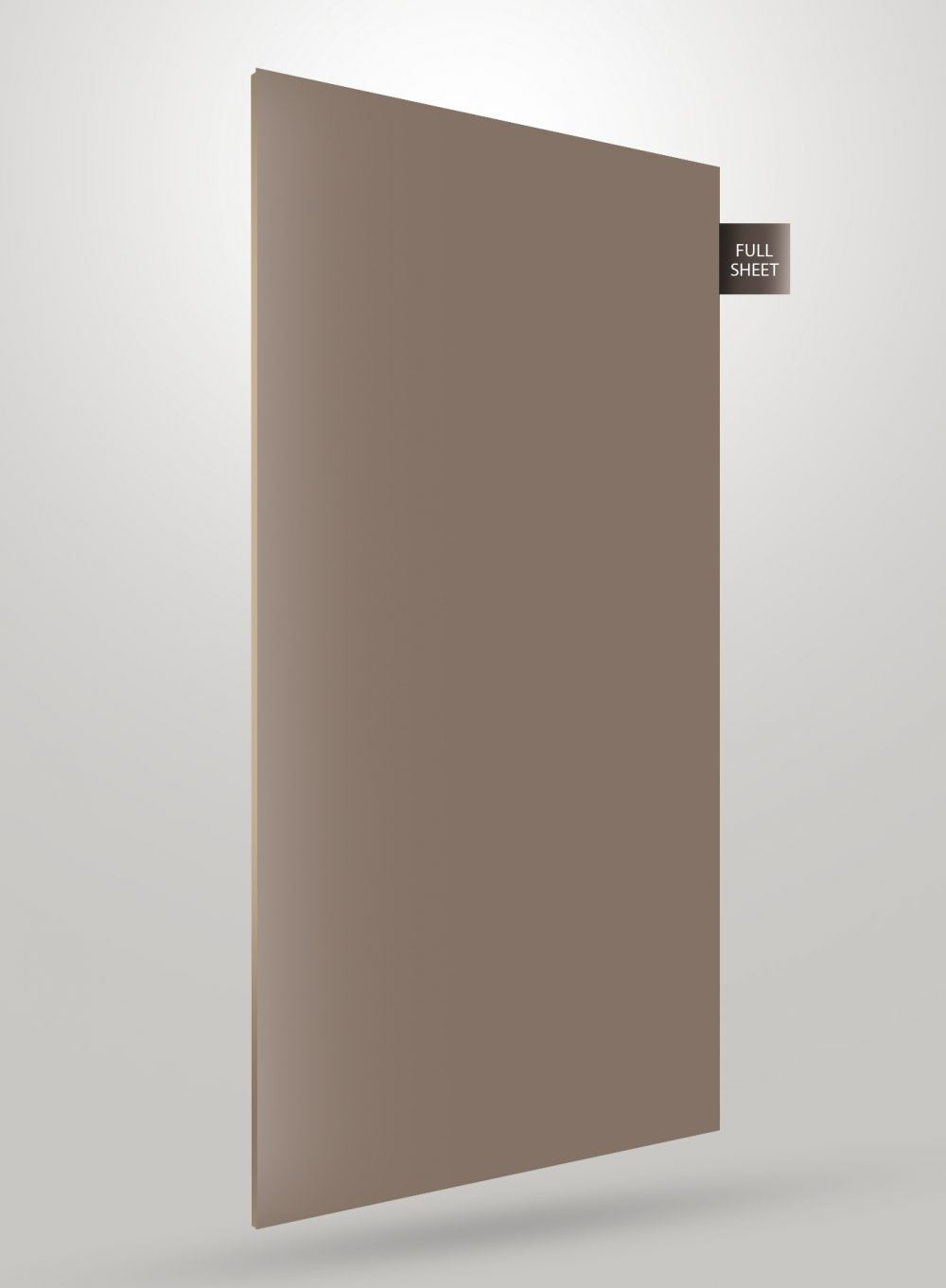 Brown solid colour laminate sheet with glossy finish and full sheet label on corner.
