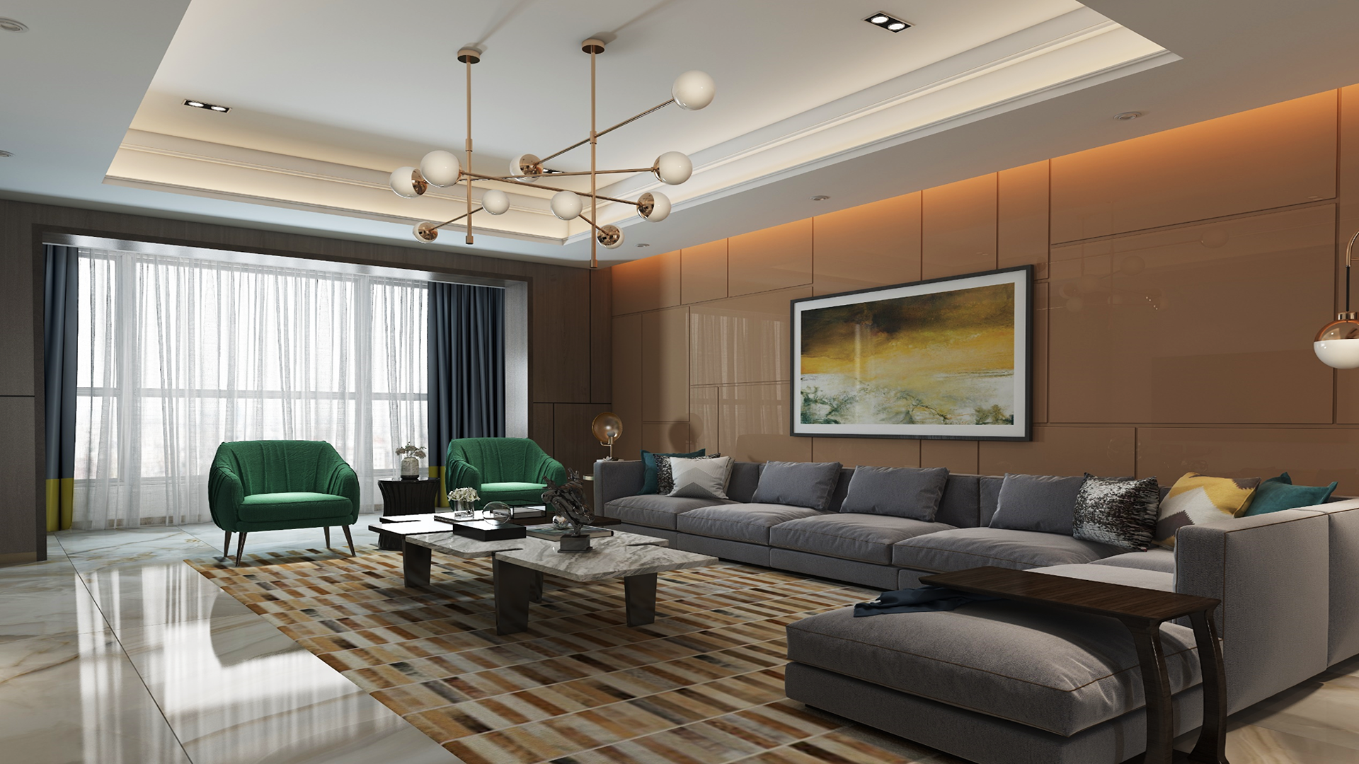 Brown patterned laminate wall panels with high gloss finish in a modern living room setting with gray sofa and green chairs