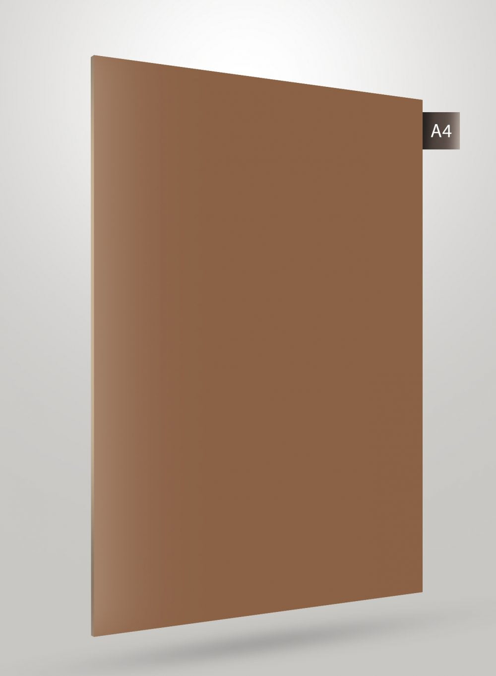 Brown solid laminate sheet with high gloss finish and smooth surface, labeled A4.