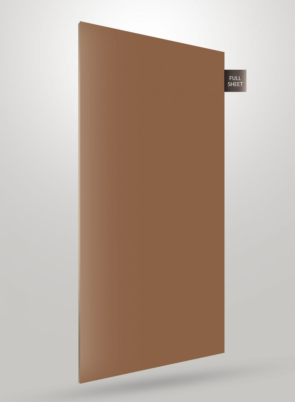 Brown decorative laminate sheet with high gloss finish and full sheet indicator, showcasing smooth surface and uniform color.