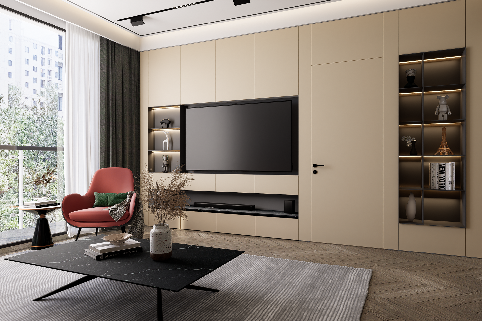 Beige solid colour laminate with high gloss finish used on wall panels and shelves in modern living room interior
