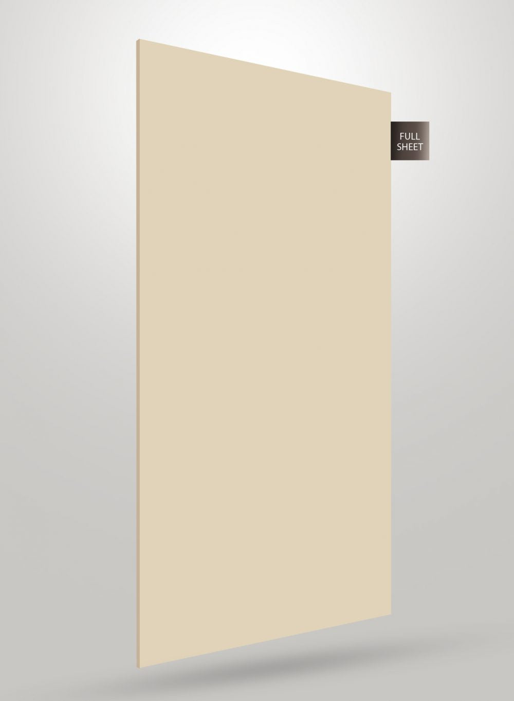 Beige high gloss decorative laminate sheet with smooth finish and full sheet label on grey background.
