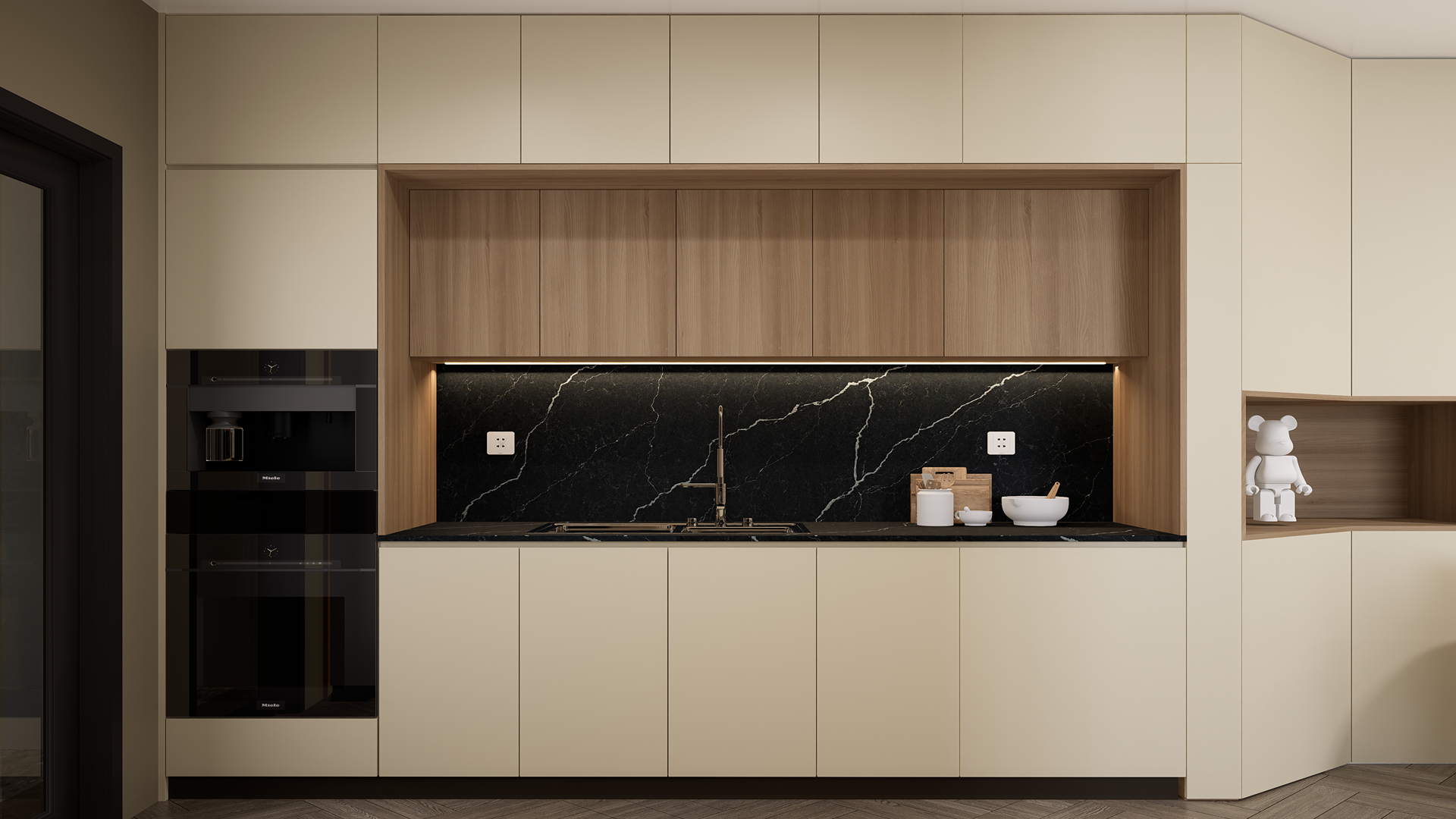 Beige high gloss laminate kitchen cabinets and walls with smooth finish and reflective sheen in modern interior design setup