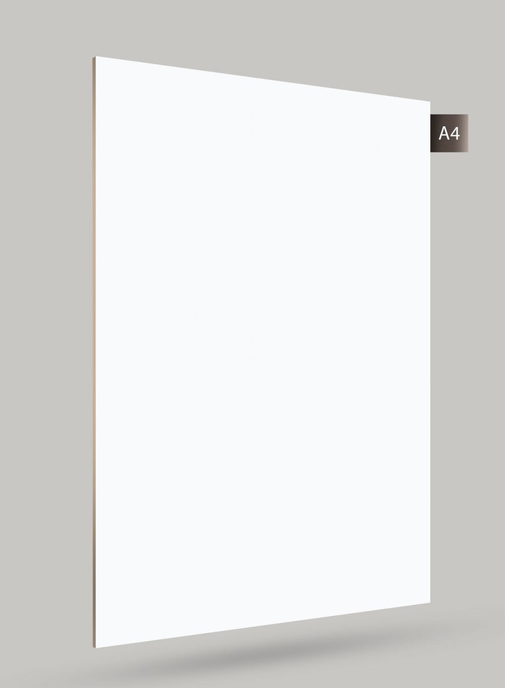 White high gloss solid colour laminate sheet with smooth finish and code label A4 on grey background