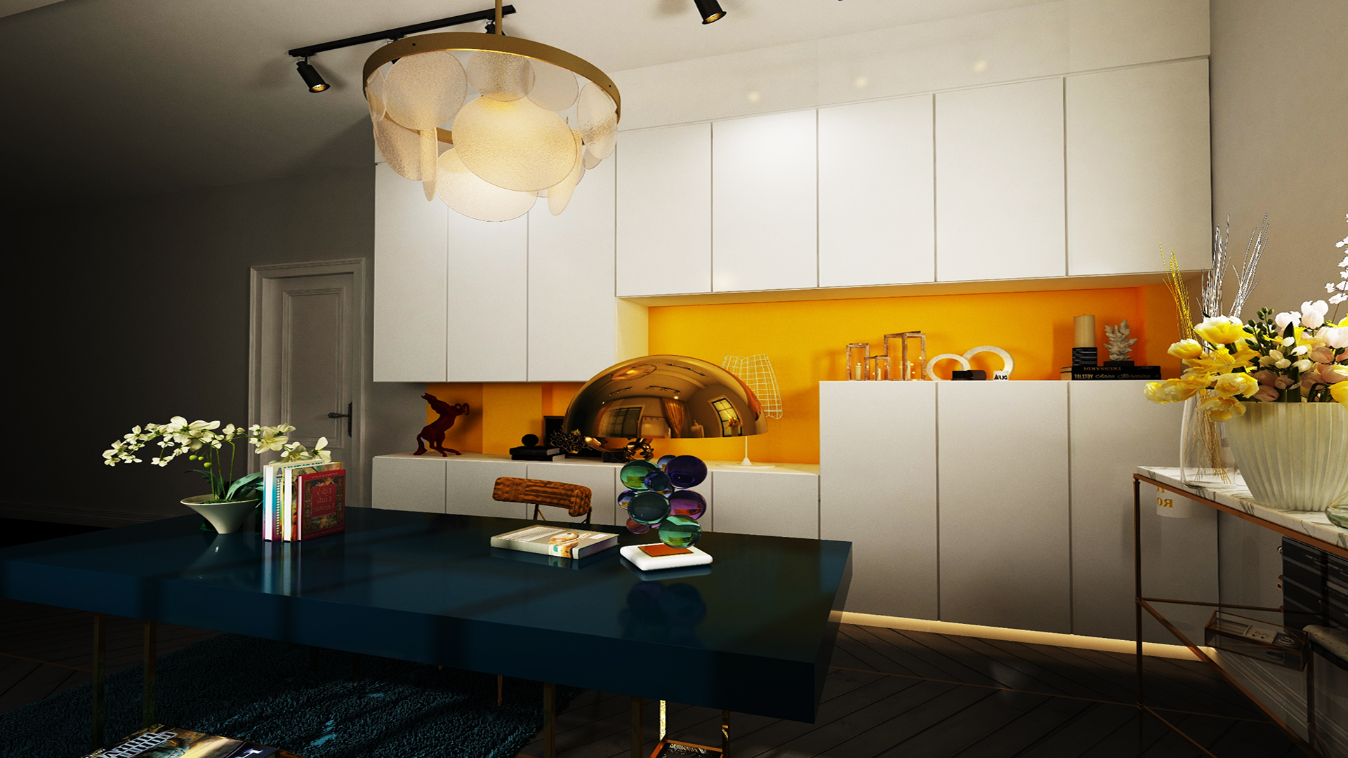 White high gloss laminate wall cabinets and shelf in modern room with decorative items and yellow flowers.