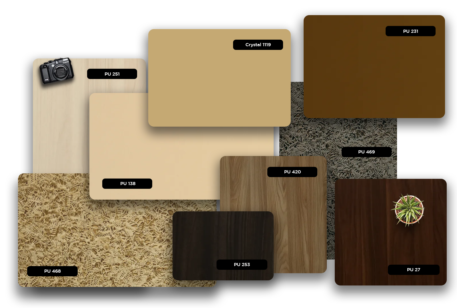 Beige wood grain decorative laminate with glossy finish, code PU 27, showcasing wood texture and pattern details.