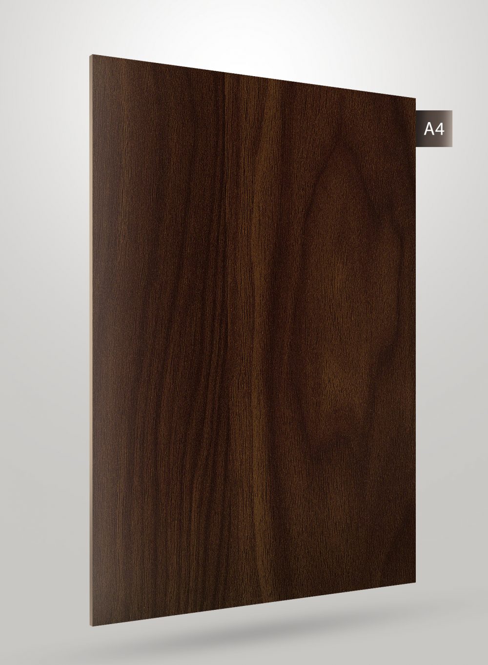 Dark brown wood grain decorative laminate with glossy finish and visible texture, sample labeled A4 on edge.