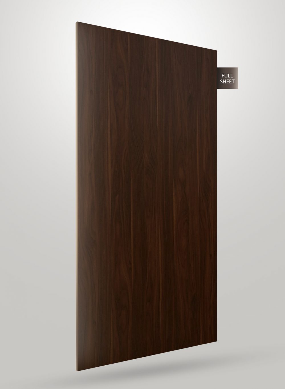 Dark brown wood grain decorative laminate sheet with glossy finish and visible wood texture, labeled full sheet.