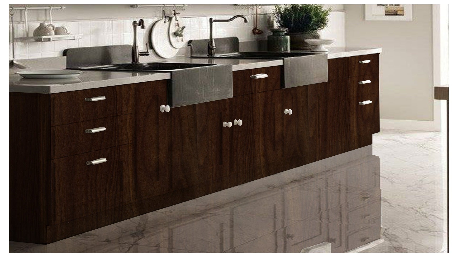Dark wood laminate kitchen cabinets with glossy finish and silver handles, showcasing wood grain texture and modern design.