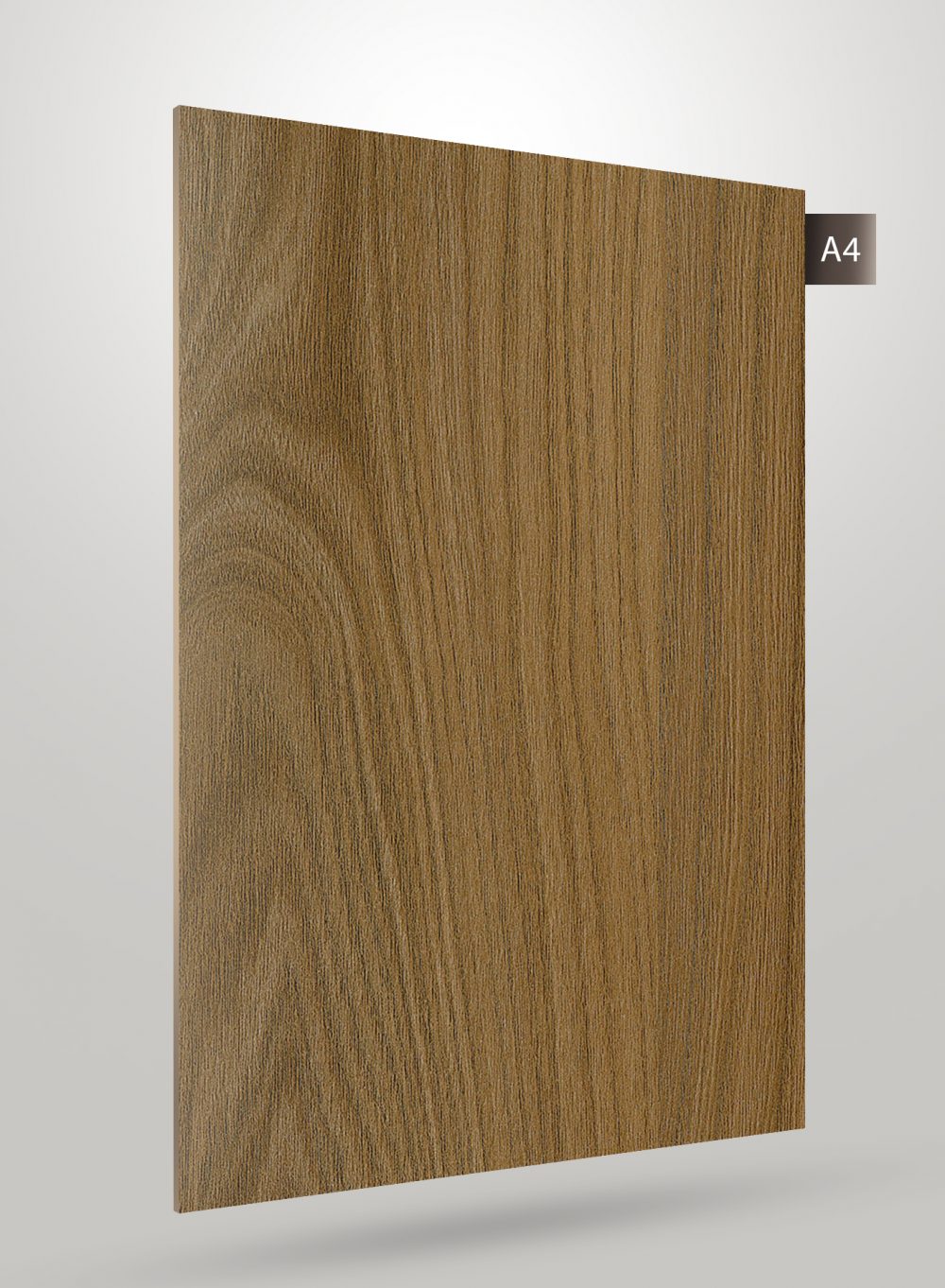 Beige wood grain decorative laminate with high gloss finish and vertical wood texture pattern on a square sample