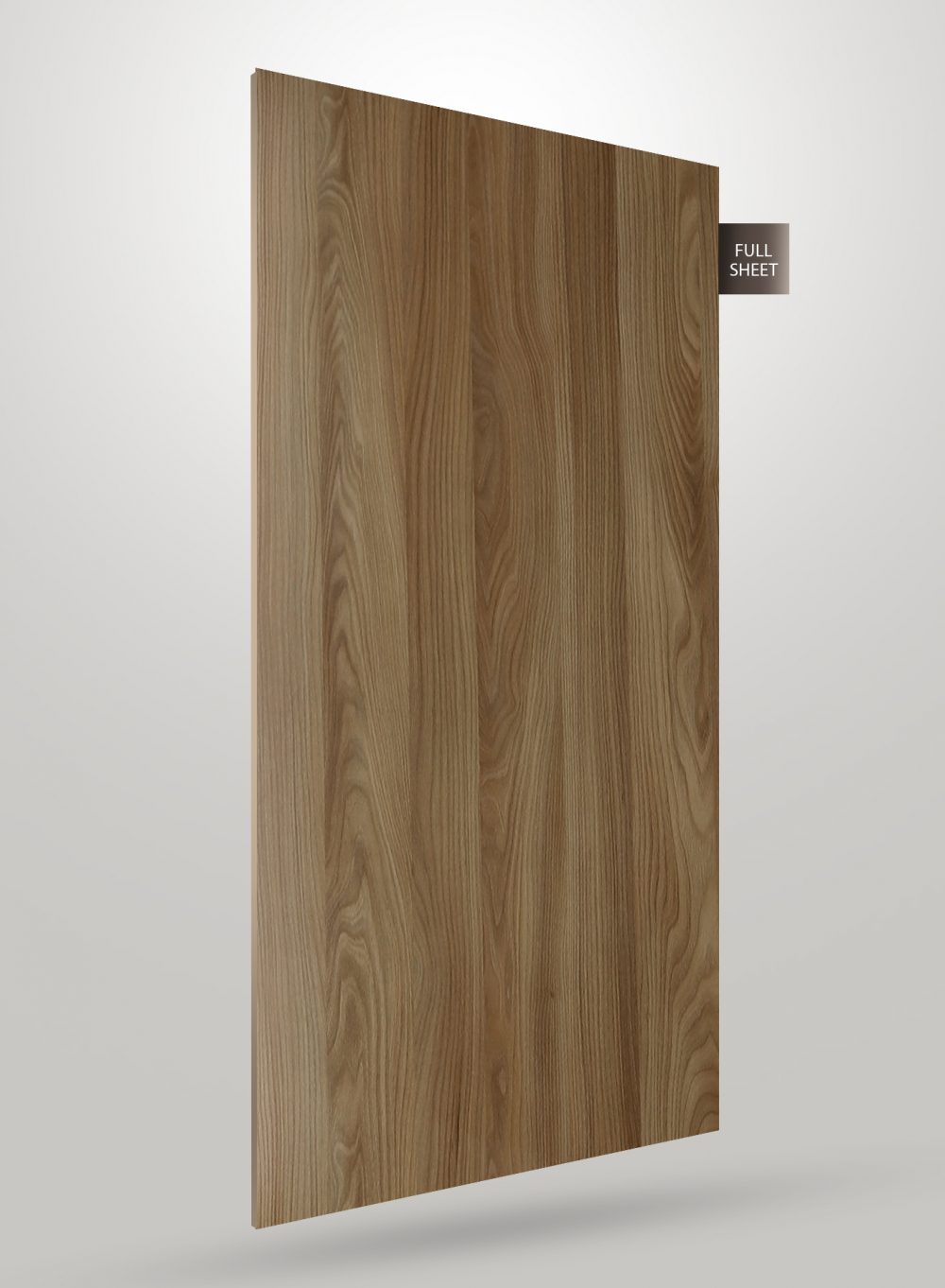 Beige wood grain decorative laminate with high gloss finish and visible wood texture and pattern on full sheet.