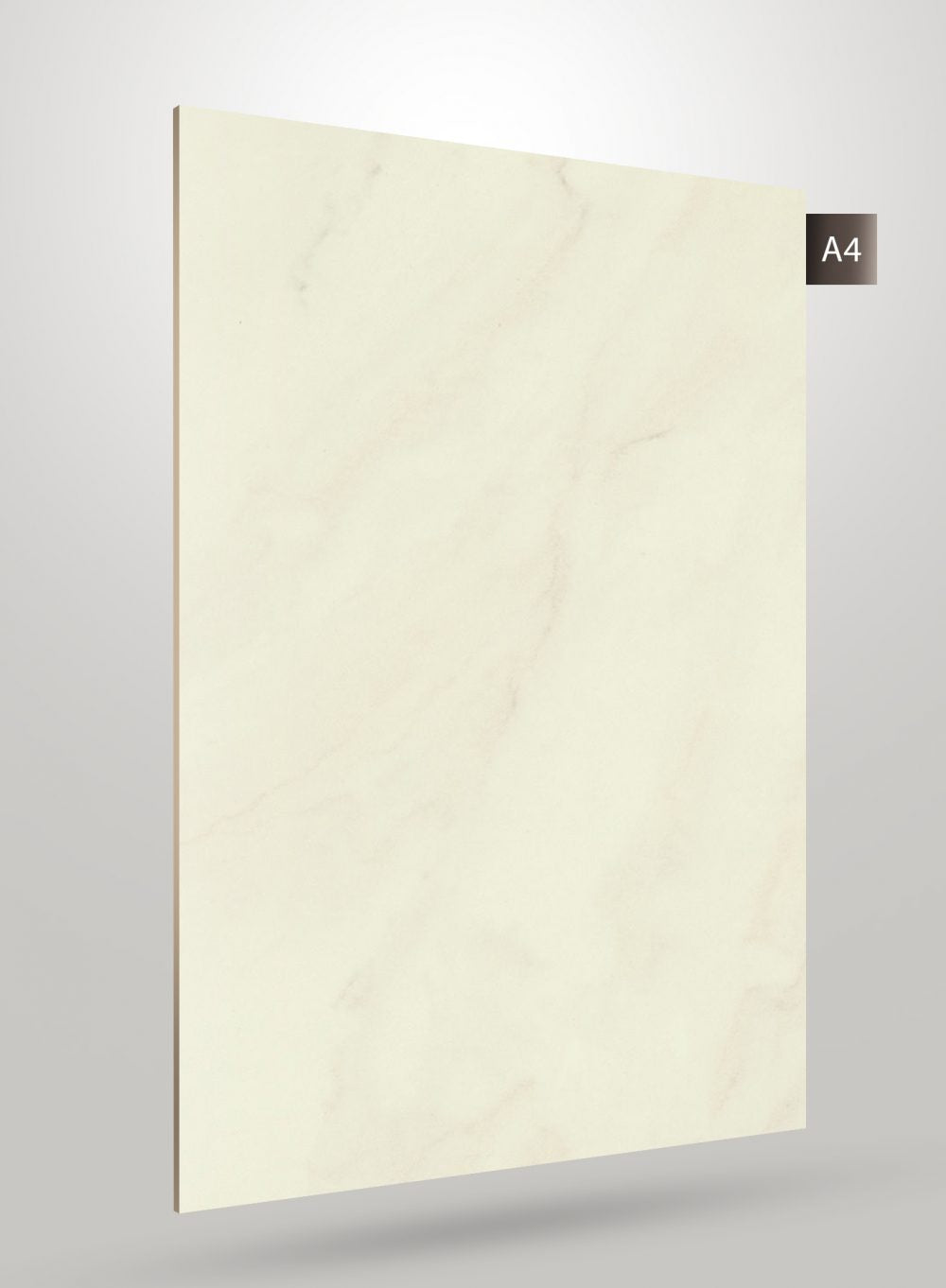Cream marble laminate with subtle veining and high gloss finish displayed on a grey background with code label A4.