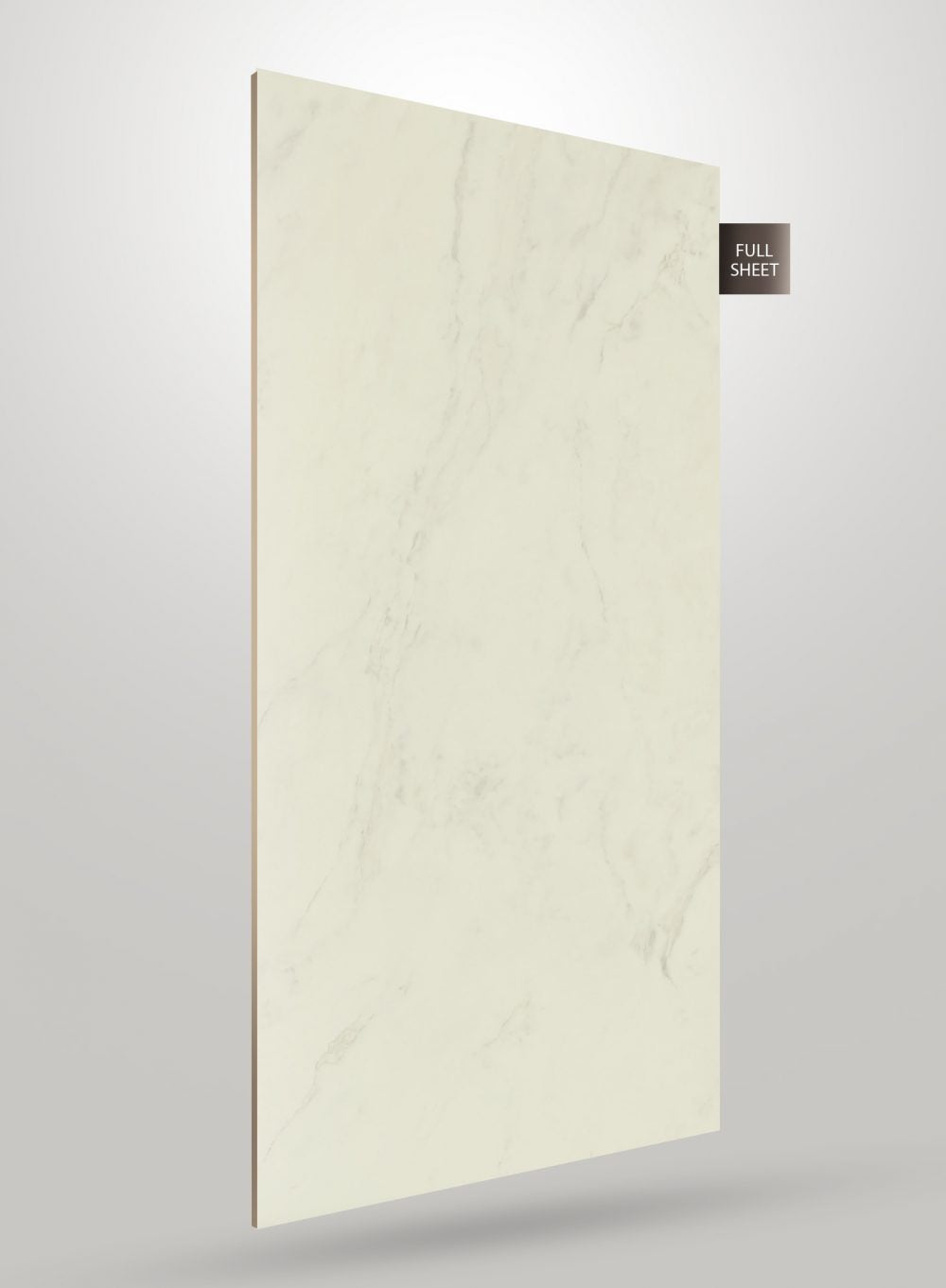Cream marble laminate sheet with grey veining and glossy finish, shown in full sheet view with visible texture and pattern.