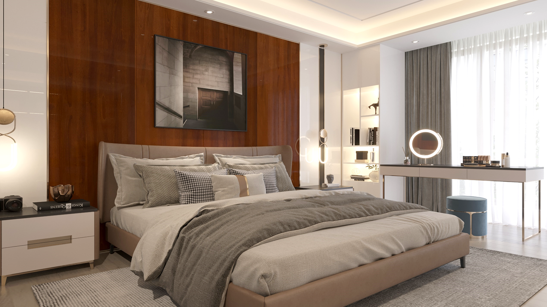 High gloss wood veneer laminate wall panel in modern bedroom interior with rich wood grain texture and reflective finish