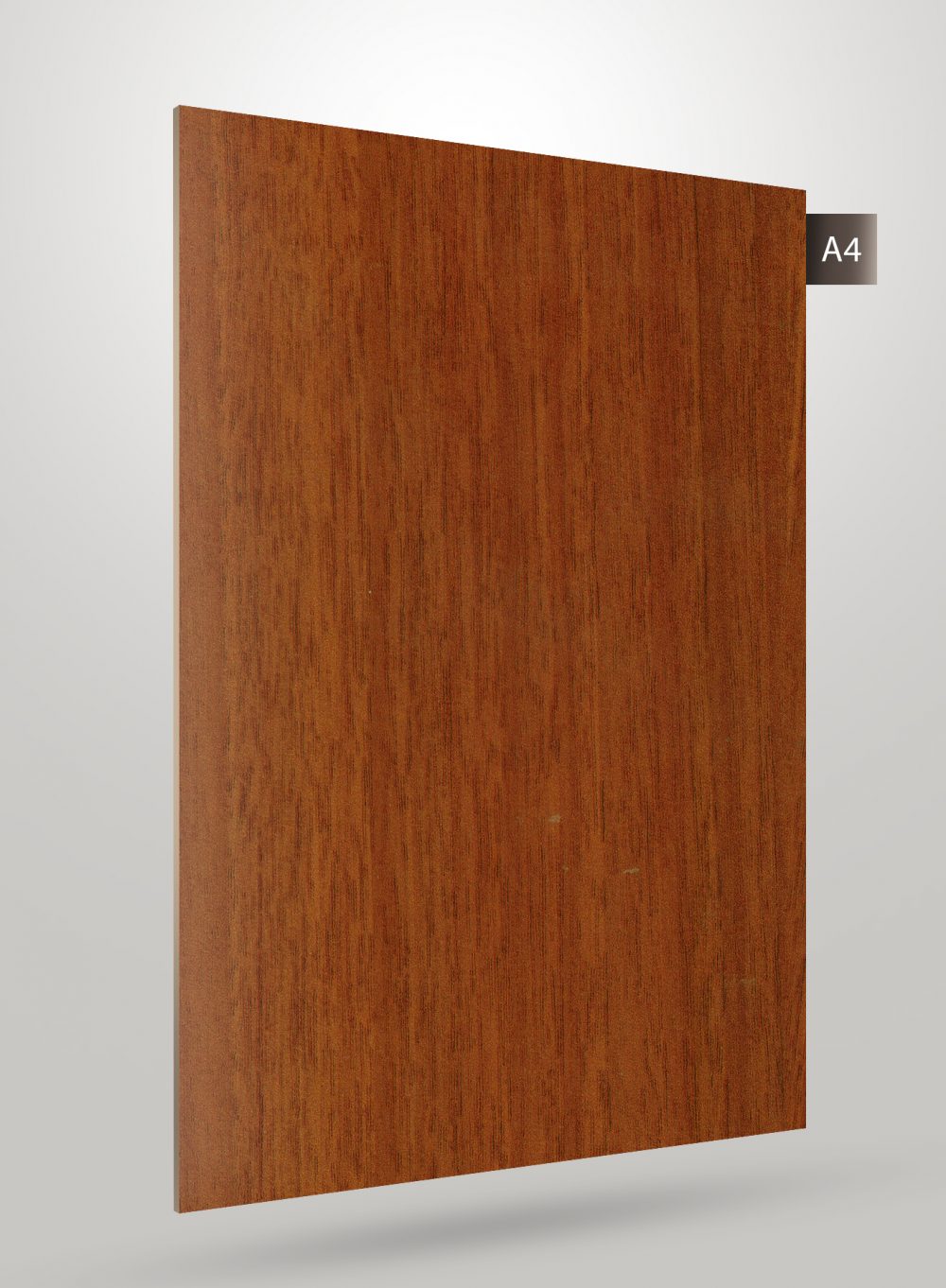 Brown wood grain laminate sheet with glossy finish and visible wood texture, code A4 displayed on corner.