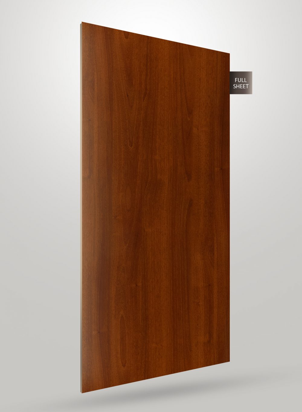 Brown wood veneer laminate sheet with glossy finish and visible wood grain texture, labeled full sheet.